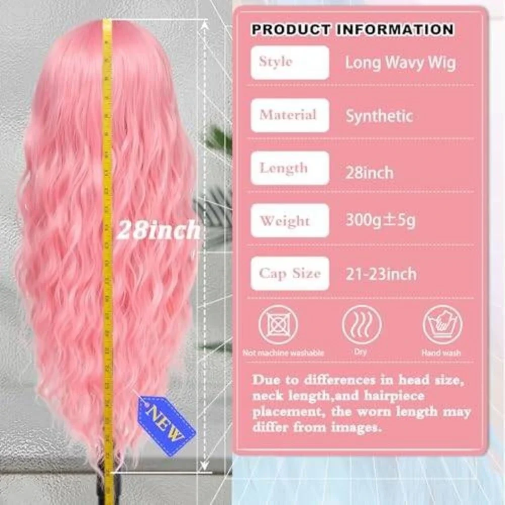Long Wavy Pink Wig Synthetic Heat Resistant Fiber‎ Cosplay Daily Wear Hairpiece